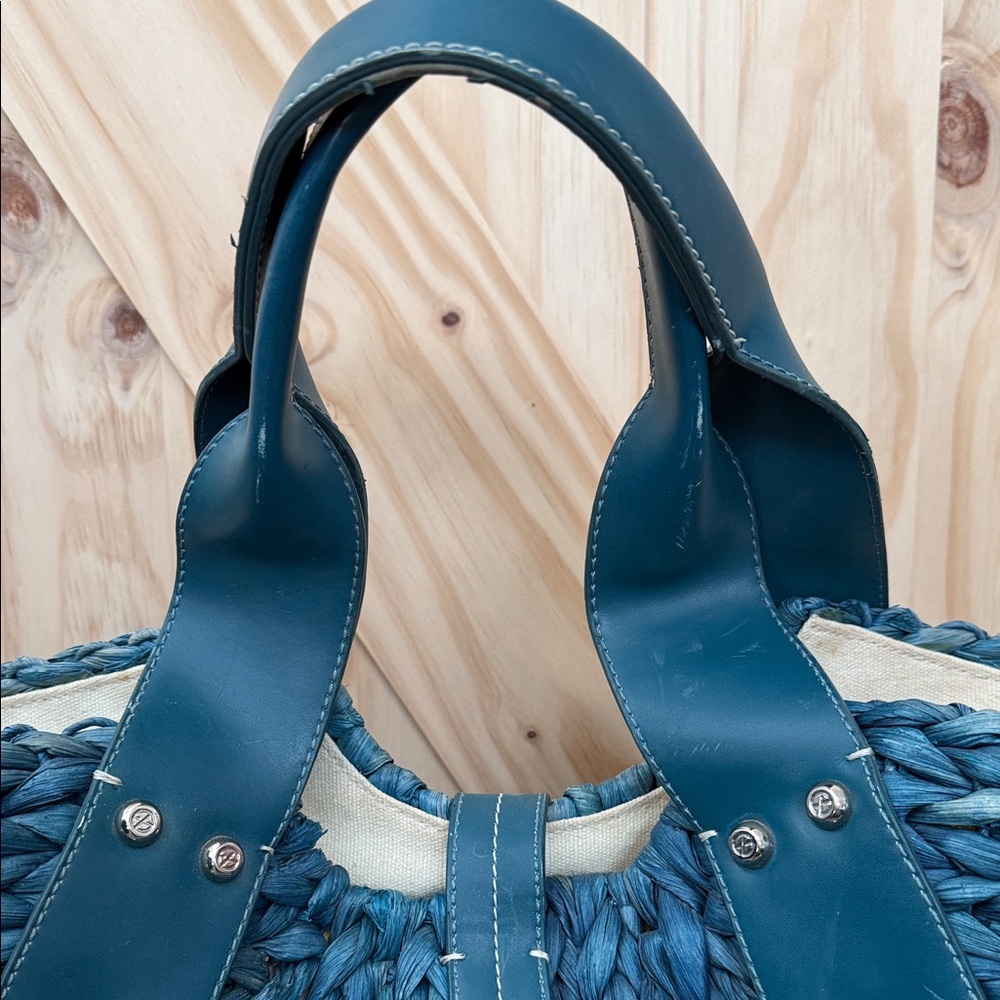 Francesco Biasia Freeway Jam Teal Straw Tote Bag - Picture 6 of 12